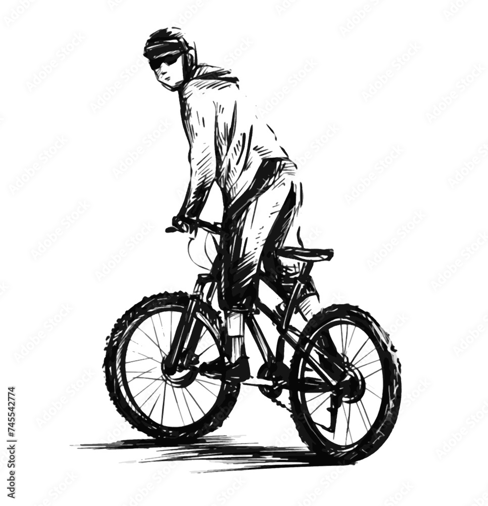 Naklejka premium Drawing of a young man riding bicycle on street 