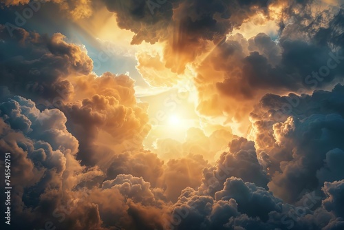 Dramatic ascent through clouds to a radiant heavenly light Embodying spiritual journey and divine revelation © Jelena