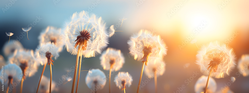 Fototapeta premium romantic spring setting with white dandelions