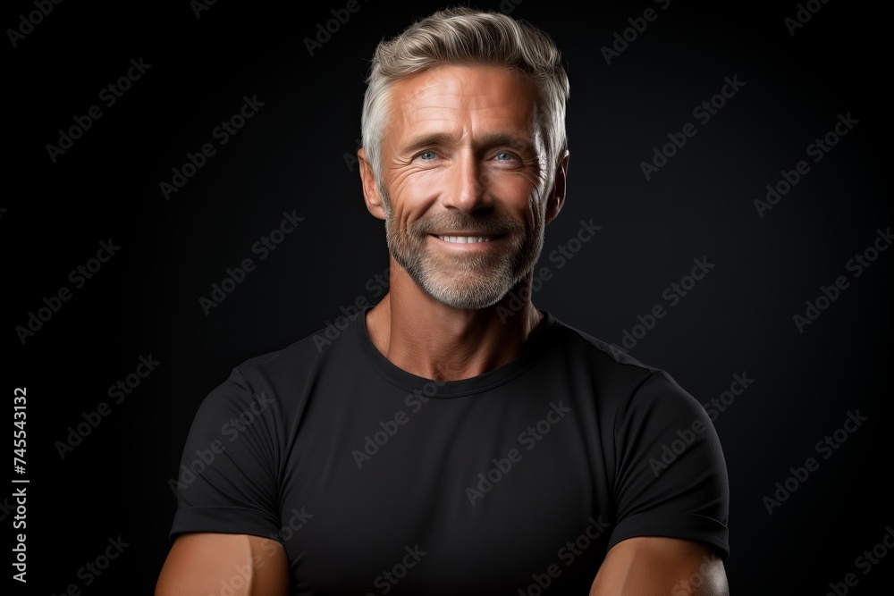 Portrait of handsome mature man in black t-shirt. Studio shot. - obrazy, fototapety, plakaty 