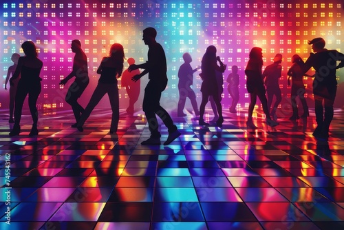 Energy-filled dance floor with silhouettes of people moving to the rhythm Capturing the essence of nightlife and celebration