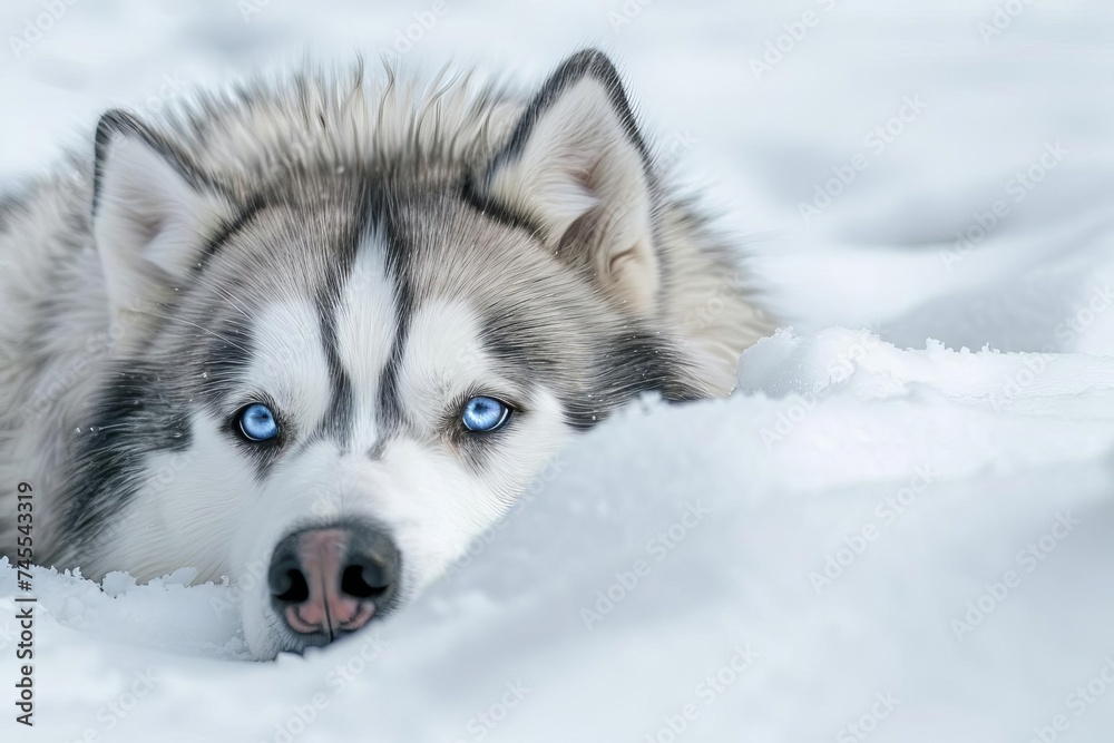 Fluffy siberian husky lying on a snowy background Looking at the camera with blue eyes