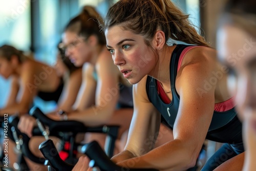 Fitness enthusiast performing a dynamic workout on a stationary bike at a modern gym.