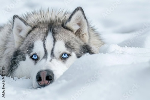 Fluffy siberian husky lying on a snowy background Looking at the camera with blue eyes
