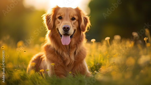 Candid Moment: A Playful Golden Retriever Basking in Warm Sunlight on a Lush Green Field