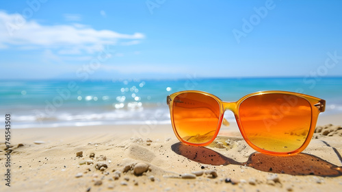Sunglasses on the beach with sea and blue sky background.