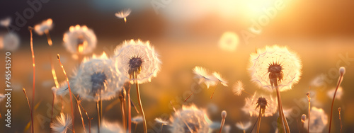 romantic spring setting with white dandelions