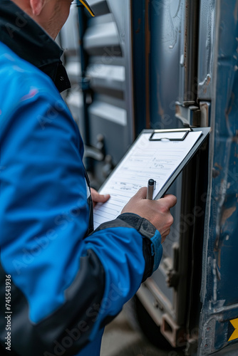 Truck Drivers Hold a Clipboard The Checking Container Door. Security of Cargo Shipping. Maintenance Check