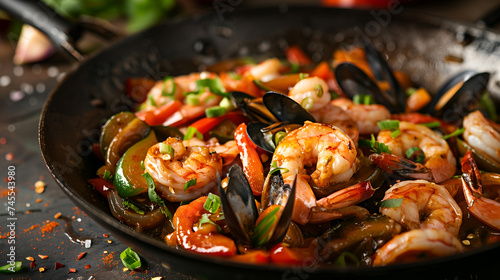 Seafood paella with shrimps, mussels and squid