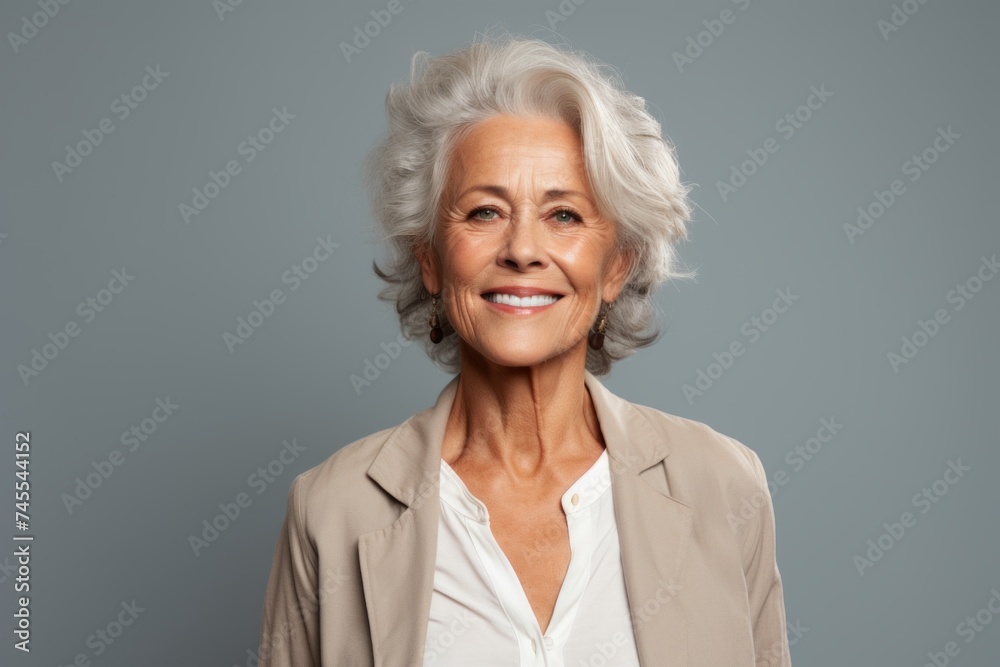 smiling senior woman in beige jacket looking at camera over grey background