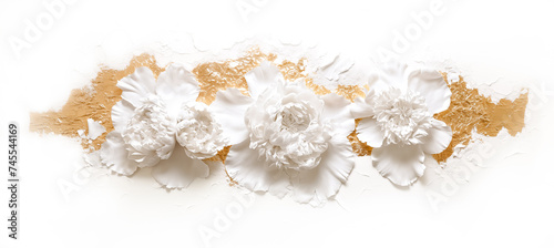 Beautiful white rose and petals on white background. Ideal for greeting cards for wedding, birthday, Valentine's Day, Mother's Day. Gold and white luxury background with 3D effect, banner by Vita