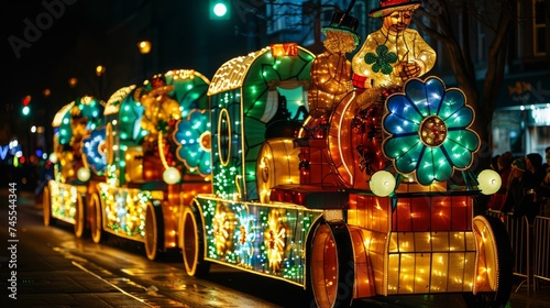 Vibrant Nighttime Parade with Illuminated Floral Train Float in Festive Celebration