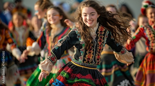 Joyful Young Female Dancer in Traditional Folk Costume Performing at Cultural Festival Event
