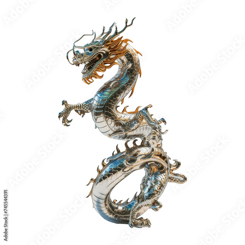 Chrome Statue of a Dragon on White Background