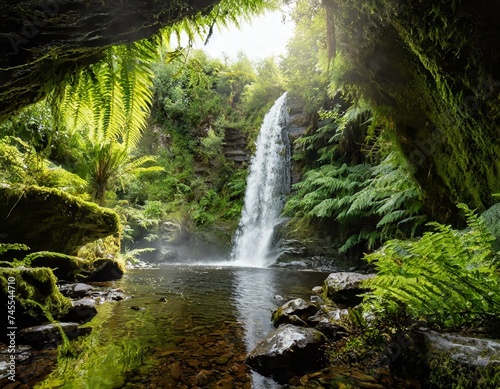 Picture a secluded waterfall framed by lush ferns. The water cascades into a crystal-clear