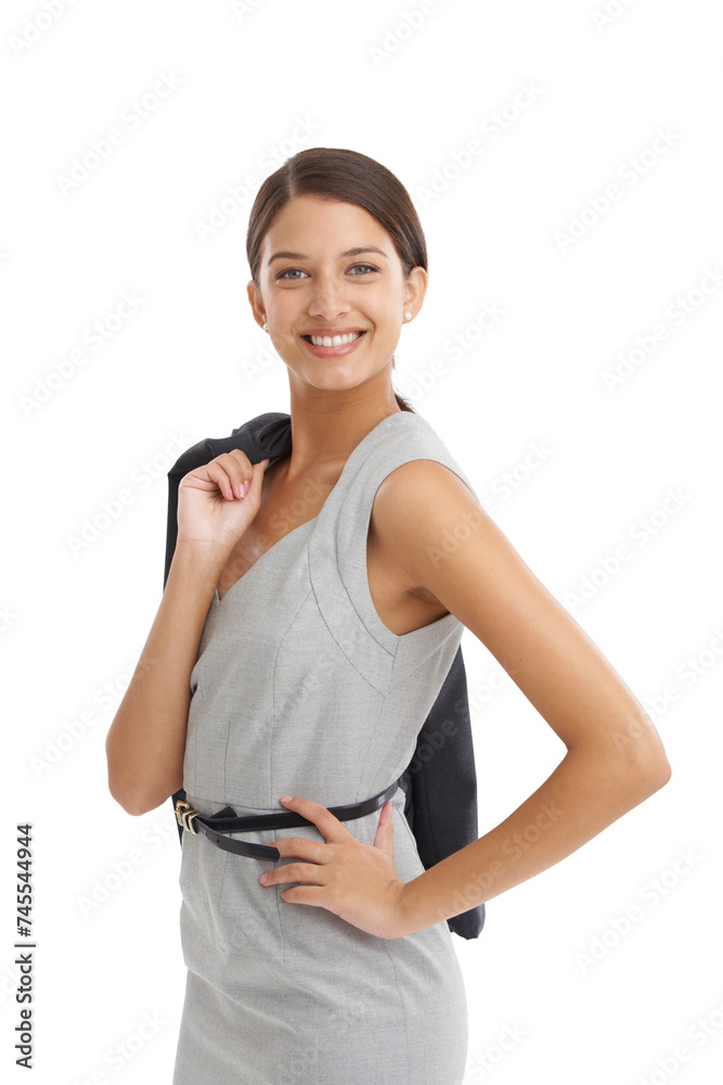 Portrait, business attire and woman with fashion, smile and employee isolated on white studio background. Face, person and financial consultant with confidence or worker with jacket over her shoulder Portrait, business attire and woman with fashion, smile and employee isolated on white studio background. Face, person and financial consultant with confidence or worker with jacket over her shoulder