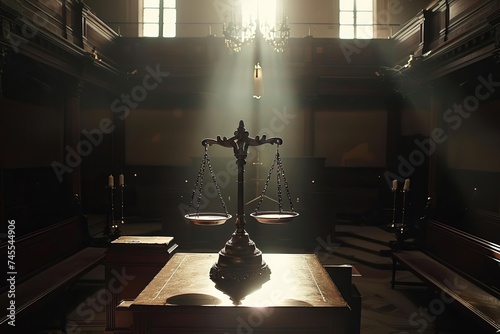 Mysterious scales of justice illuminated in a dimly lit courtroom Embodying the gravity of legal decisions
