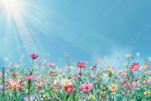 Nature background with a colorful flower meadow Sunbeams And a clear blue sky Creating a joyful and vibrant summer greeting card or banner © Jelena