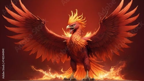 The solid, vibrant red background serves as a canvas for the ultra-realistic rendering of the angry phoenix, its full body captured in all its fierce glory. © Zulfi_Art