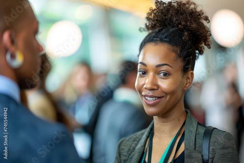 Networking event at a business conference Capturing the moment of delegates engaging in conversation Sharing insights and forming professional connections