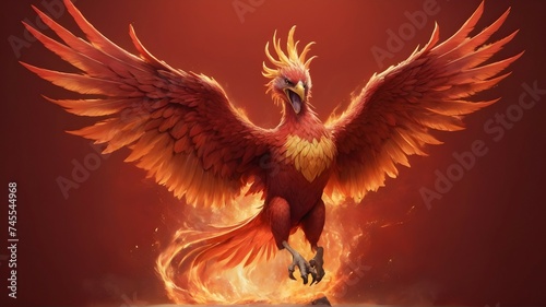 As the angry phoenix spreads its wings, its full body is brought to life in stunning detail against a solid, vibrant red background, a symbol of its unbridled rage.