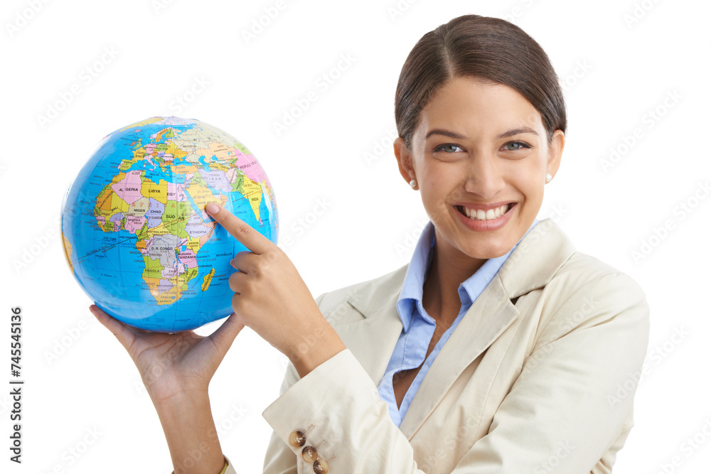 Portrait, excited and woman with a globe, pointing and employee isolated on white studio background. Face, person and consultant with smile or earth with teacher or geography with education or planet Portrait, excited and woman with a globe, pointing and employee isolated on white studio background. Face, person and consultant with smile or earth with teacher or geography with education or planet