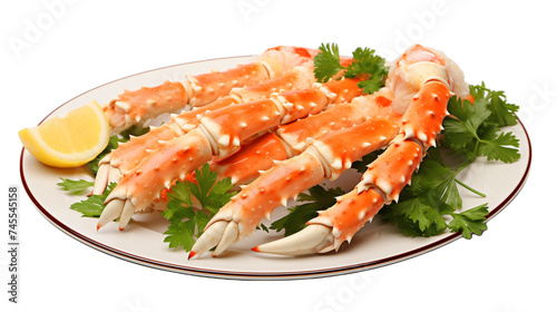 Boiled Red King Crab Legs on a Plate with Lemon and Parsley Garnish
