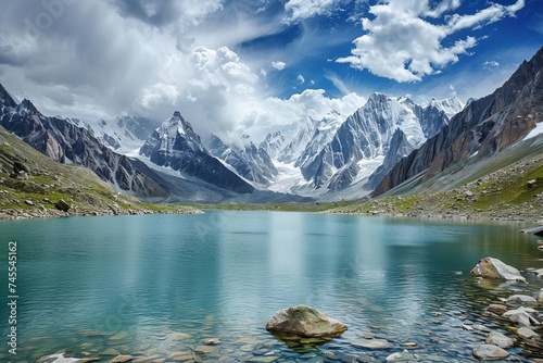 Picturesque mountain landscape with a pristine lake Surrounded by snow-capped peaks and a dramatic sky Embodying tranquility and grandeur