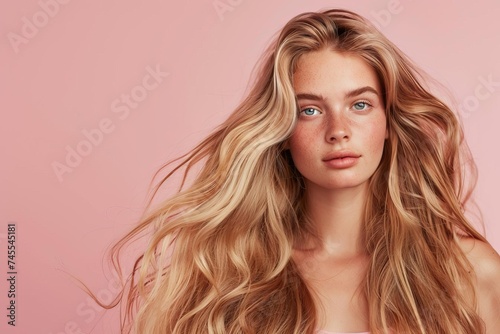 Portrait of a young woman with long blonde hair Emphasizing beauty and hair care Against a pastel background.