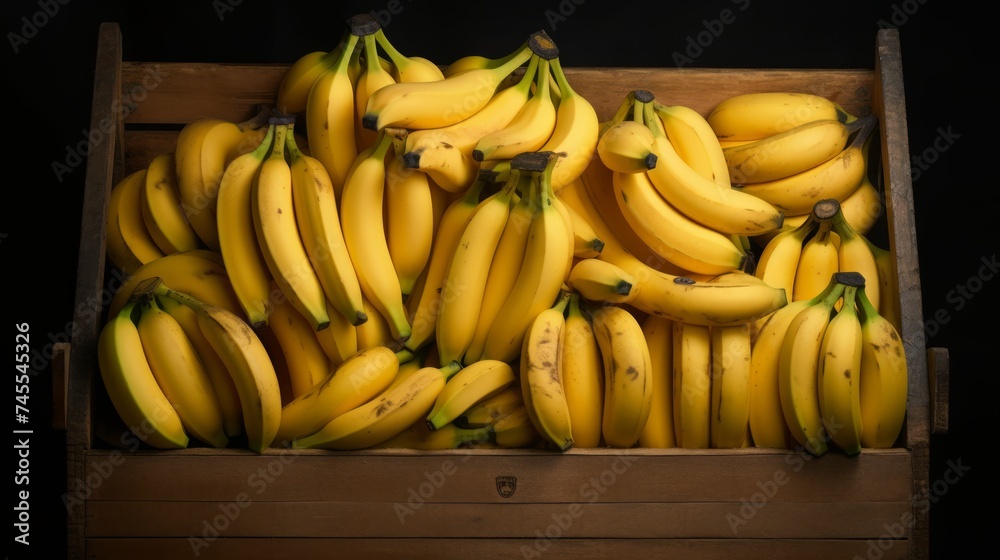 Box filled with golden-hued bananas, close-up realistic photo Generative AI