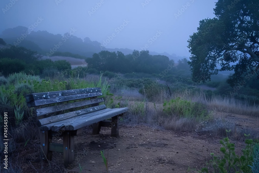 Rustic wooden bench in a serene foggy landscape at dusk