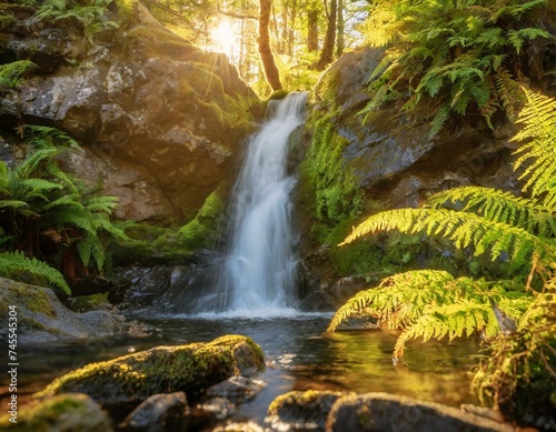 Picture a secluded waterfall framed by lush ferns. The water cascades into a crystal-clear