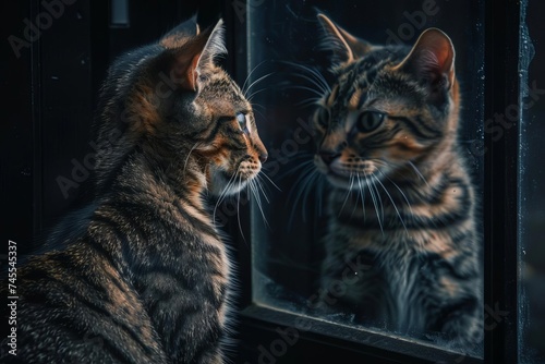 Reflective moment of a young cat facing a mirror Envisioning itself as a majestic tiger Symbolizing self-perception and aspirations