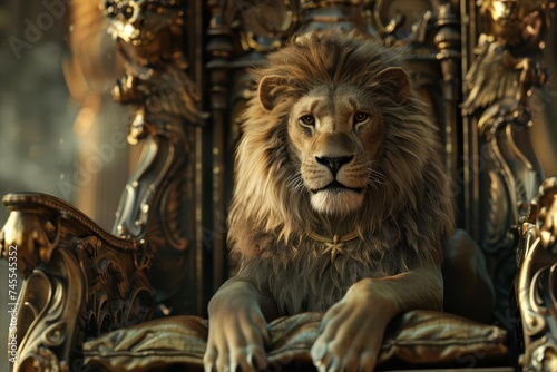 Regal lion seated on a majestic throne Symbolizing power and nobility in a fantasy setting