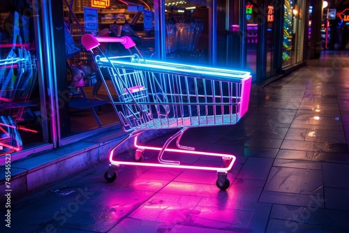 Shopping cart illuminated by neon lights Representing modern consumerism and vibrant shopping experiences