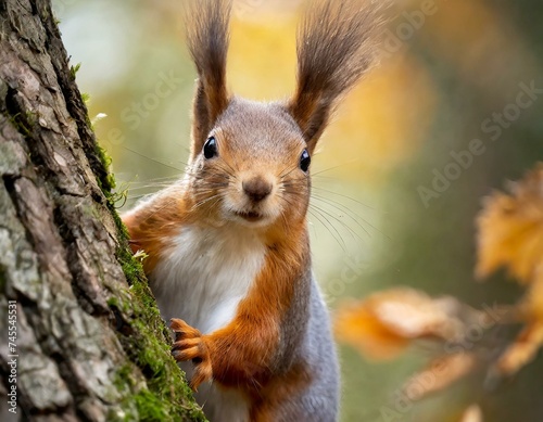 Picture a squirrel peeking out from behind a tree, its bushy tail twitching