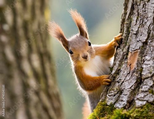 Picture a squirrel peeking out from behind a tree, its bushy tail twitching © Muhammad