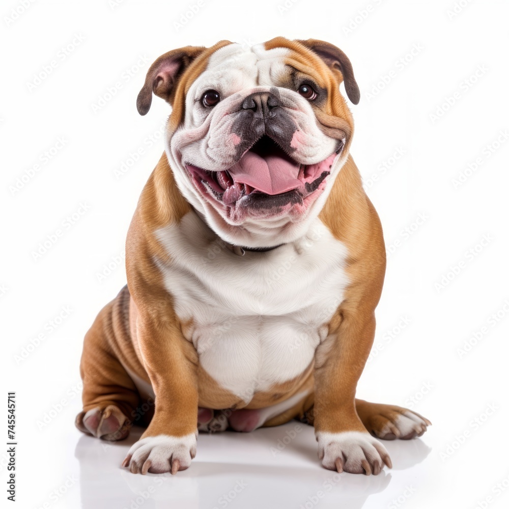 Cheerful Bulldog sitting on a white background, wrinkled face, happy expression Generative AI