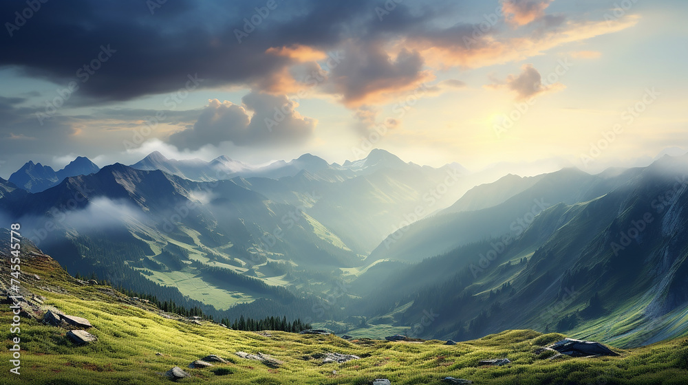 Breathtaking panorama of morning wild nature high in mountain with sunrise - obrazy, fototapety, plakaty 