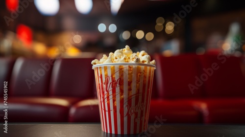 Generative AI Close-up of a classic popcorn bucket and soda drink on a cinema seat armrest, movie snack essentials