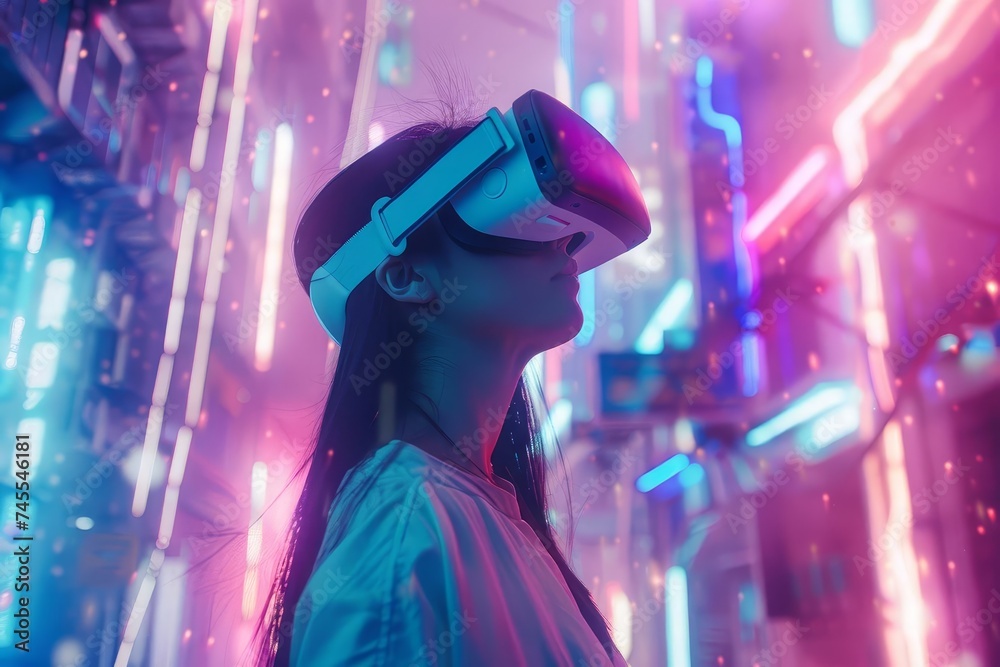Virtual reality concept with a woman immersed in a digital landscape Surrounded by neon lights and futuristic elements Representing the blend of technology and imagination Virtual reality concept with a woman immersed in a digital landscape Surrounded by neon lights and futuristic elements Representing the blend of technology and imagination
