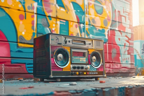 Vintage portable stereo Classic 90s style boombox Vibrant street art background Nostalgic music culture Hip hop elements Colorful urban scene Retro music player with cassette tapes