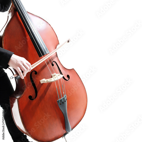 Double bass player contrabass playing. String music instrument with bow