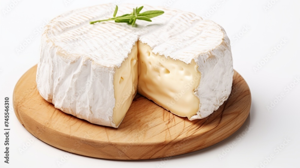 Close-up realistic photo featuring a soft camembert cheese against a white background Generative AI