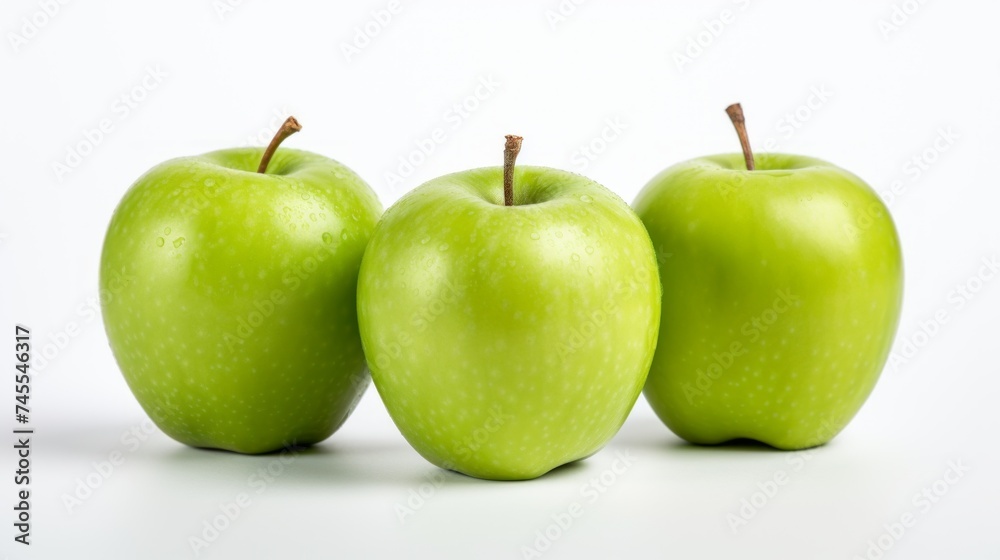 Close-up realistic photo featuring three crisp green apples on a white background Generative AI Close-up realistic photo featuring three crisp green apples on a white background Generative AI