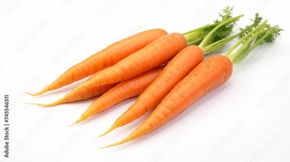 Close-up realistic photo showcasing three freshly harvested carrots on a white background Generative AI Close-up realistic photo showcasing three freshly harvested carrots on a white background Generative AI