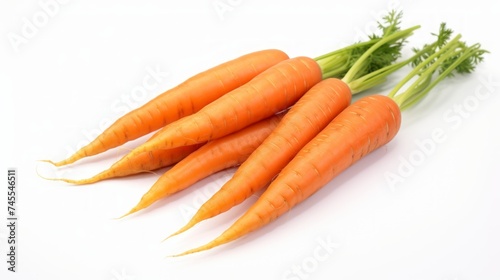 Close-up realistic photo showcasing three freshly harvested carrots on a white background Generative AI