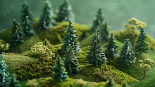 Moss and Trees on Green Background in the Style of Handcrafted Rustic Materiality Paper Objects - Nature Birds Eye View Minimalistic Element Landscape Background created with Generative AI Technology