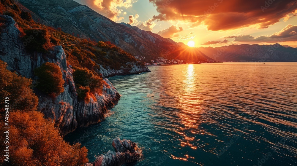 Generative AI Coastal panorama, drone's eye view, sun dipping, tranquil fjord waters, realistic sunset scene in Norwegian fjords - obrazy, fototapety, plakaty 