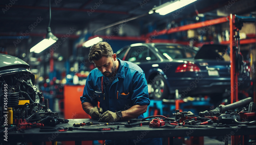 Auto mechanic working on car in mechanics garage Repairing 